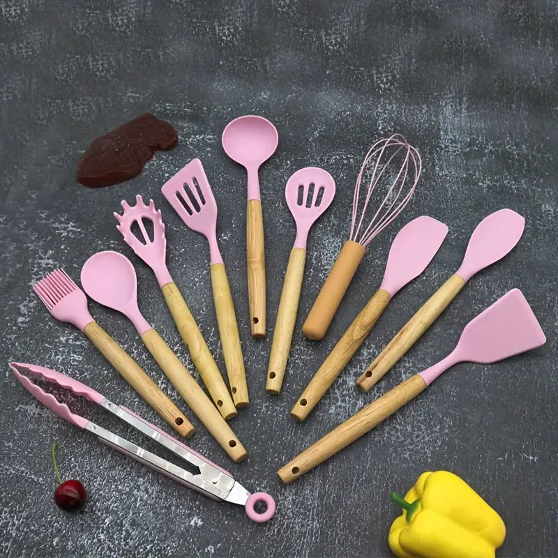 12pcs Non-Stick Silicone Utensil Set with Wooden Handles