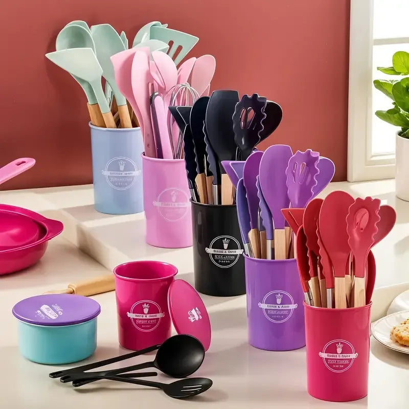 12pcs Non-Stick Silicone Utensil Set with Wooden Handles