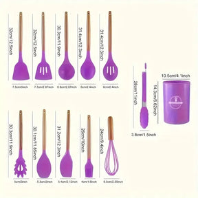 12pcs Non-Stick Silicone Utensil Set with Wooden Handles