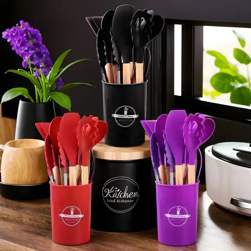 12pcs Non-Stick Silicone Utensil Set with Wooden Handles