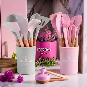 12pcs Non-Stick Silicone Utensil Set with Wooden Handles