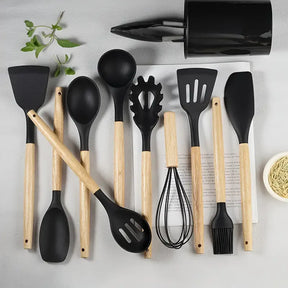 12pcs Non-Stick Silicone Utensil Set with Wooden Handles